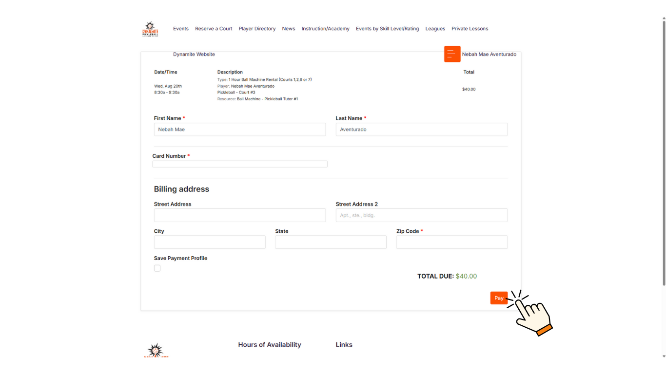 Enter your payment details and click “Pay” to complete the reservation.